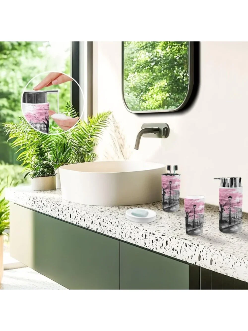 Chic 6-Piece Bathroom Accessory Set - Modern Parisian Design, Black & Pink Decor
